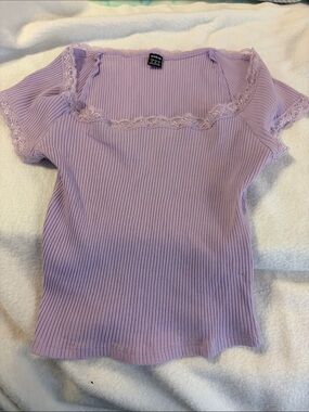 SHEIN Lavender Ribbed Lace-Trim Square Neck Short Sleeve Top